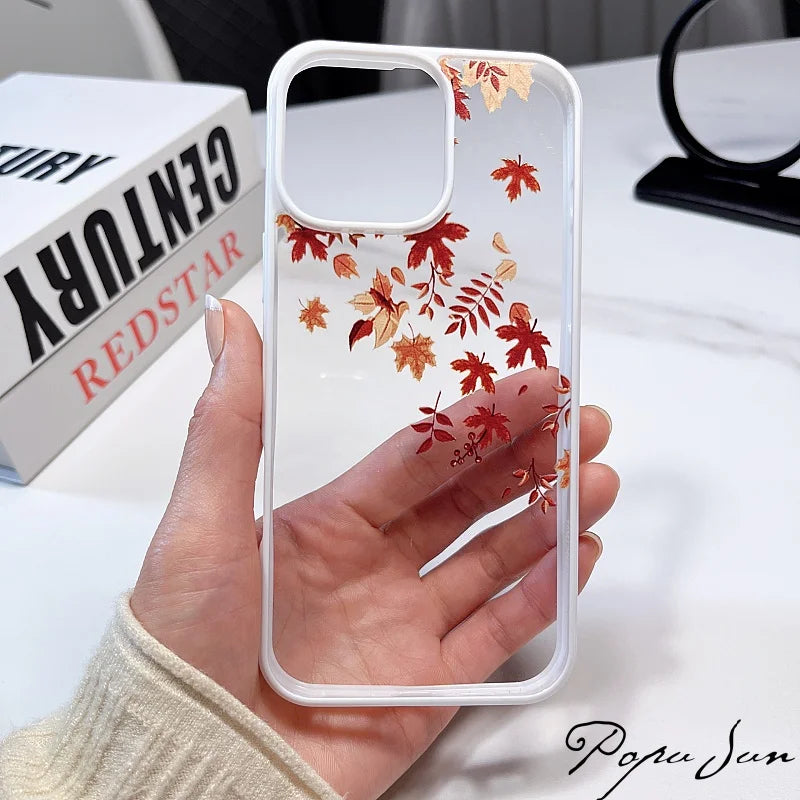 Transparent Fallen Leaves Flower Phone Case For iPhone 16 15 14 Pro Max 15 14 16 Plus Maple Leaf Clear Funda Back Cover