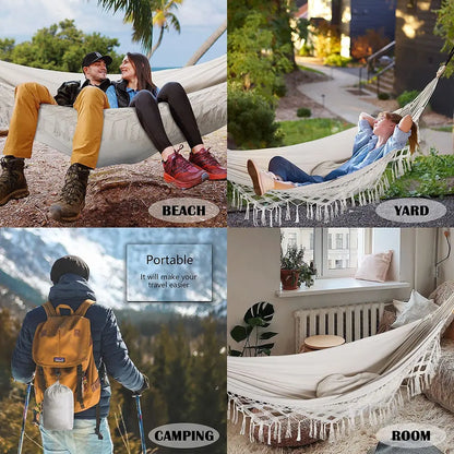 Macrame  Double Hammock Bohemian Woven Fringe Tassels Canvas Large Hanging Swing Bed Chair for Beach Yard Bedroom Patio Porch