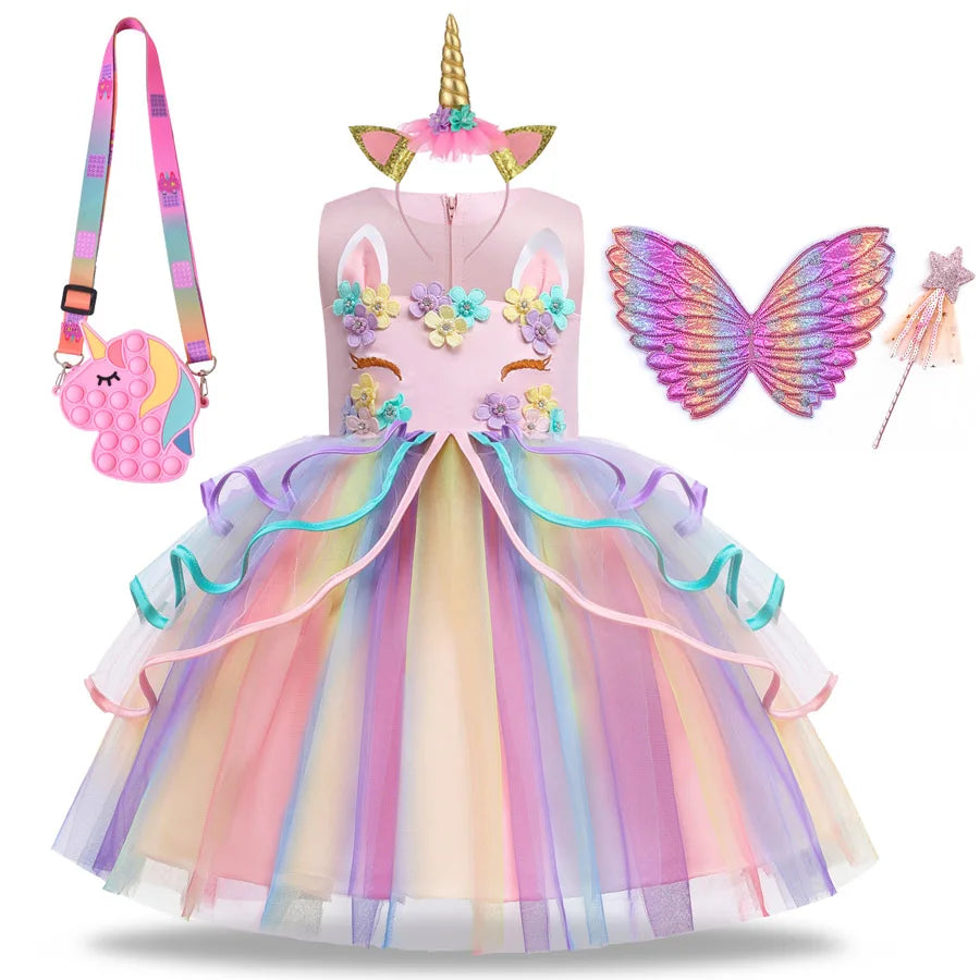 Rainbow Unicorn Princess Dress with Bow and Tulle Skirt Birthday Party Costume