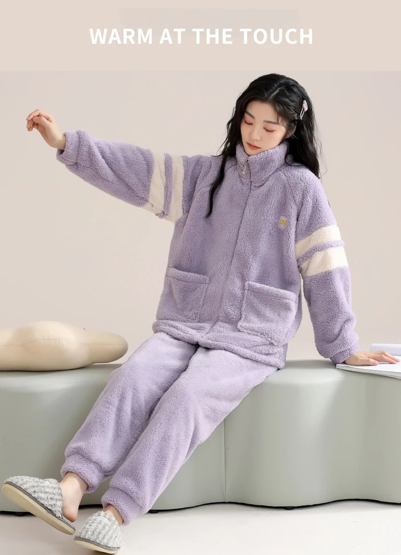 Women’s Winter Flannel Pajama Set – Thick, Soft Coral Fleece with Zipper & Oversized Fit