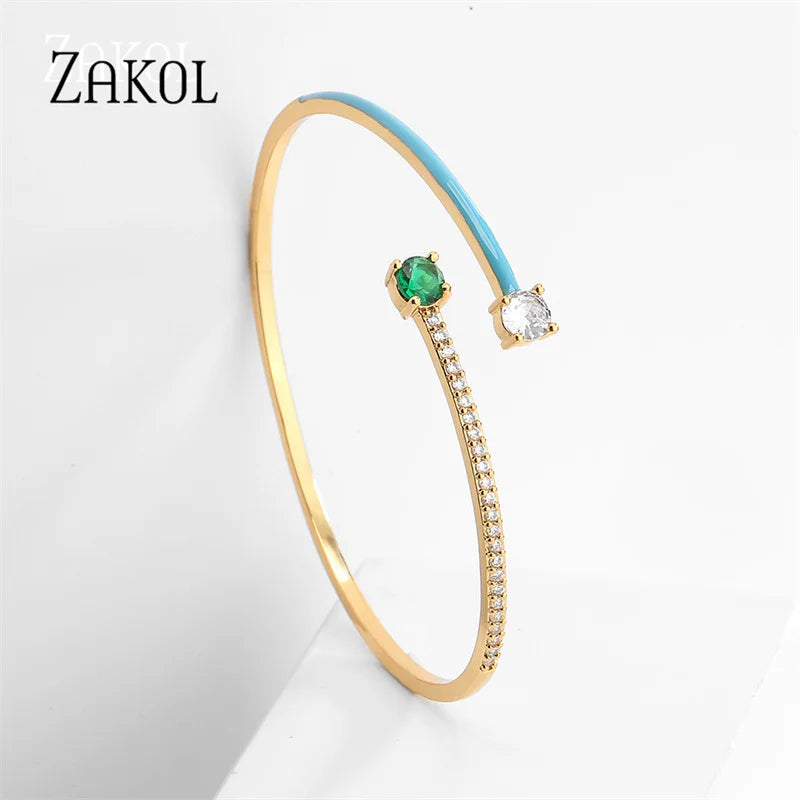 Luxury Water Drop Cubic Zirconia Enamel Cuff Bangle for Women Ethnic Style Dripping Oil Bangle