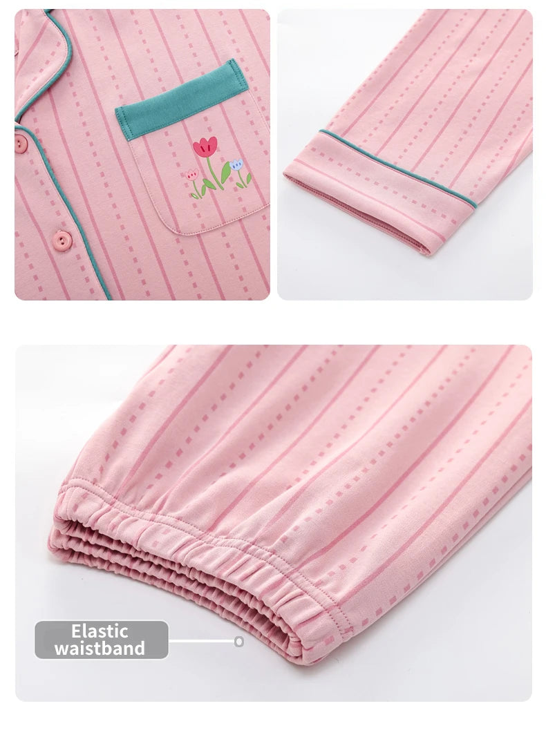 Women’s Winter 100% Cotton Pajama Set – Loose Fit, Turn-Down Collar, Long Sleeves, Cute Pink