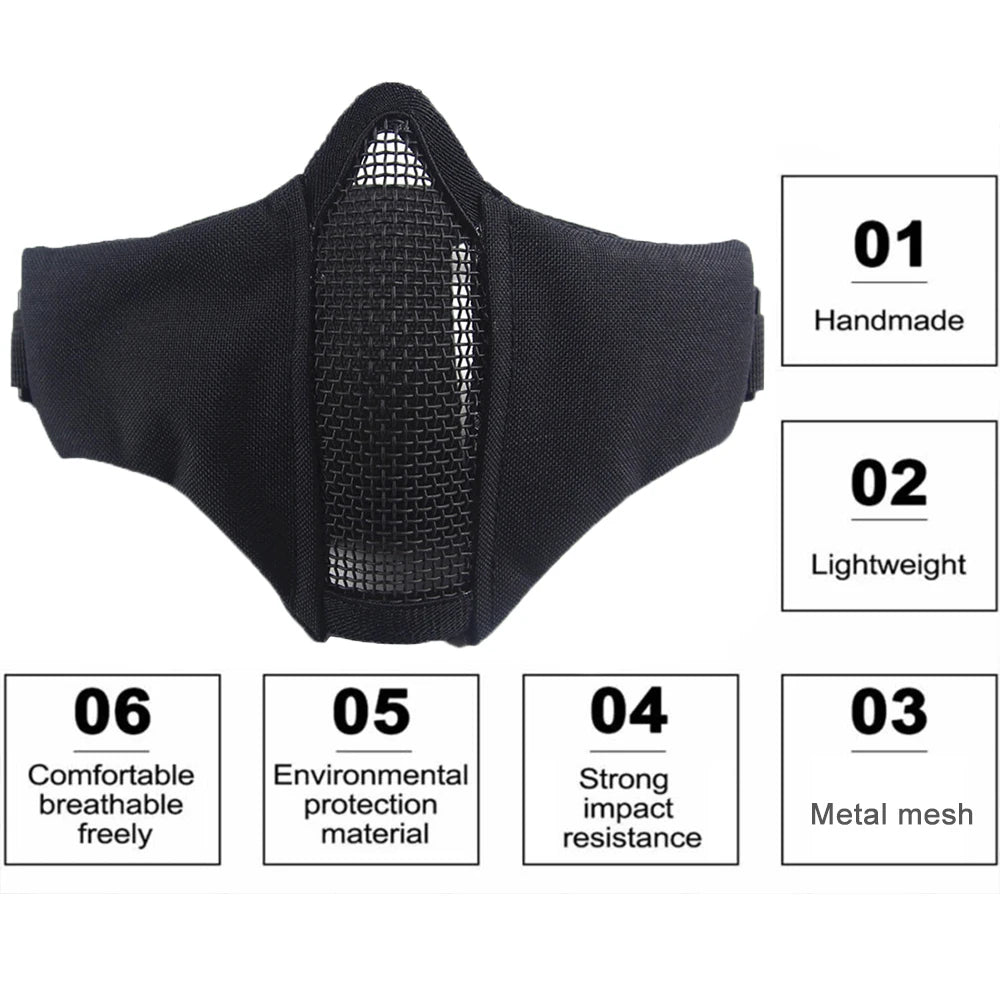 Tactical Half Face Airsoft Mask Foldable Metal Mesh Double Ribbon Adjustable CS Wargame Hunting Paintball Protective Masks