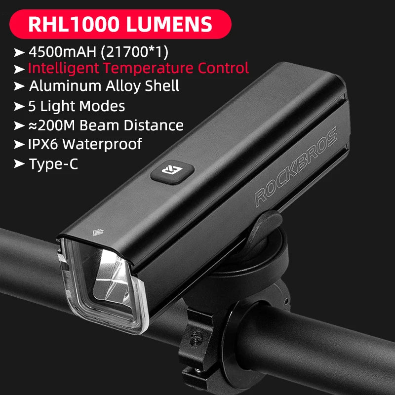 1000LM Bike Light Front Lamp Type-C Rechargeable LED 4500mAh Bicycle Light Waterproof Headlight Bike Accessories