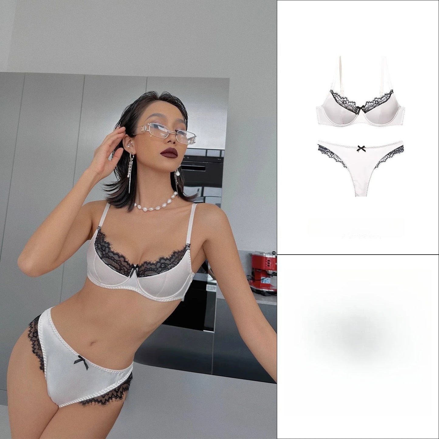 Womens Satin Patchwork Lace Underwire Push Up Bra Set