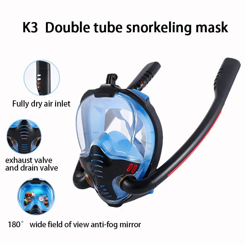 Full Face Snorkel Mask with Anti-Fog Wipes 180 Degree Panoramic HD View Snorkeling Mask Anti-Leak Dry Set for Adults
