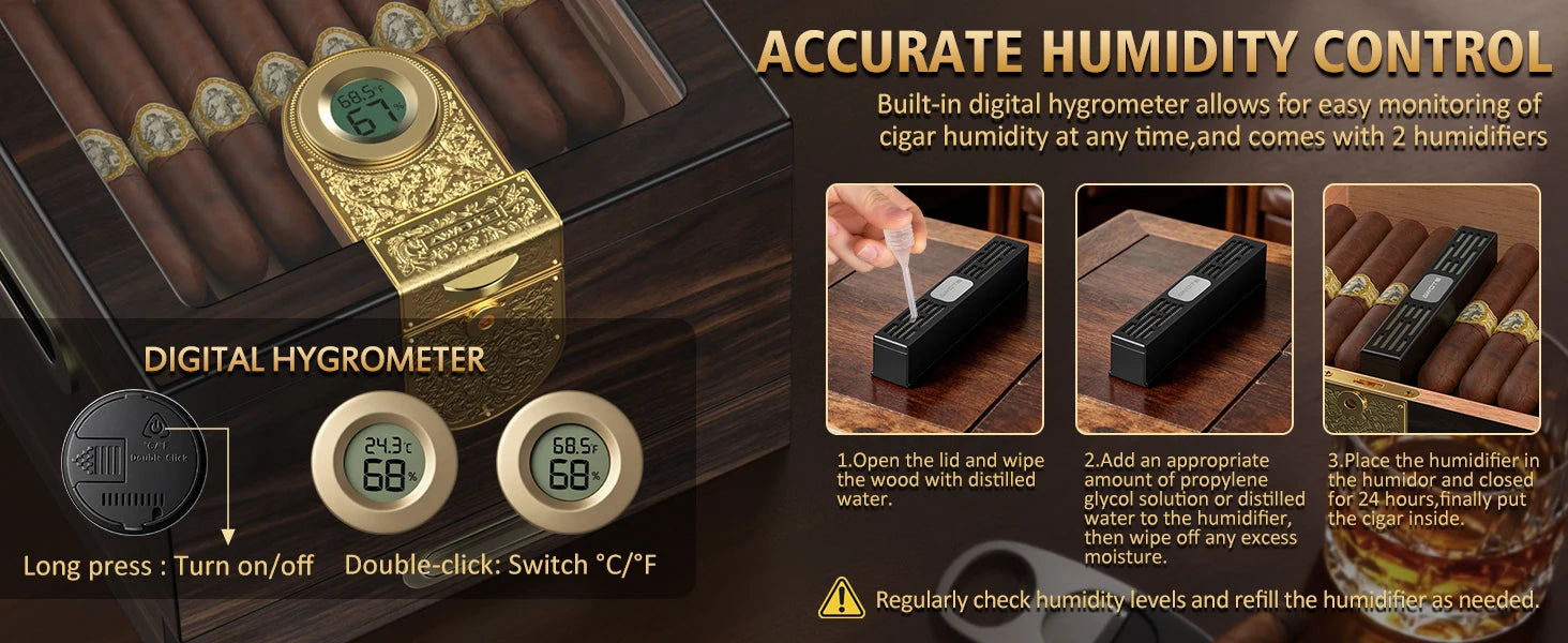 Cigar Humidor, Cedar Wood Cigar Box, Includes Leather Cigar Case, Cigar Tube, Digital Hygrometer and 2 Humidifiers, Gift Set