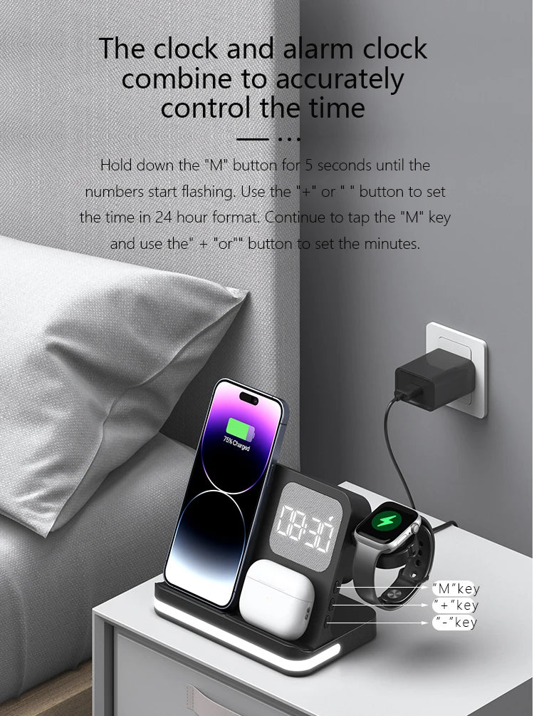 Four in one desktop clock wireless charger that can charge phones, headphones, and watches simultaneously