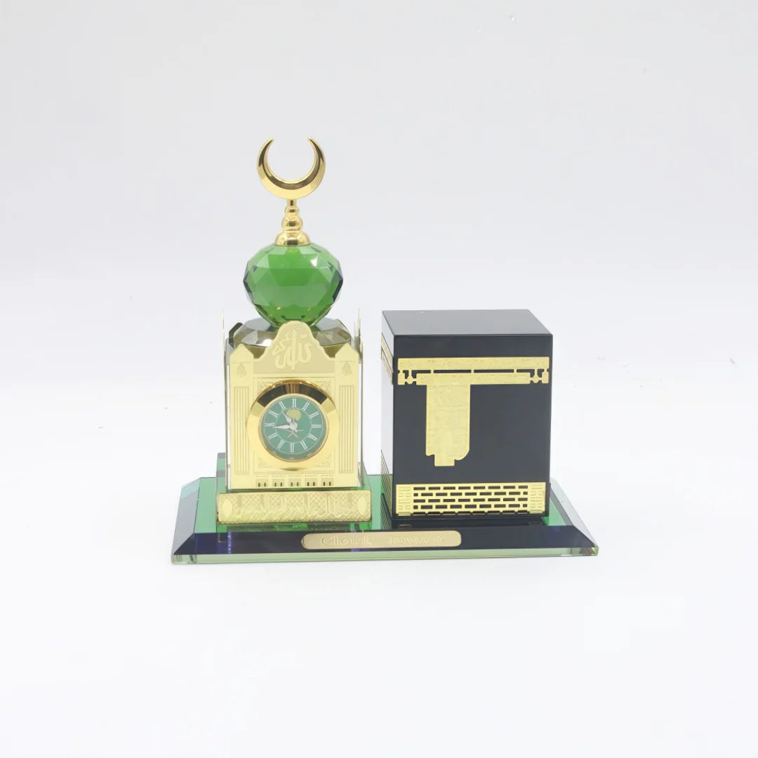Islamic Crystal Kaaba Clock Tower Model Gilded Miniature Showpiece Religious Architecture Muslim Home Decor