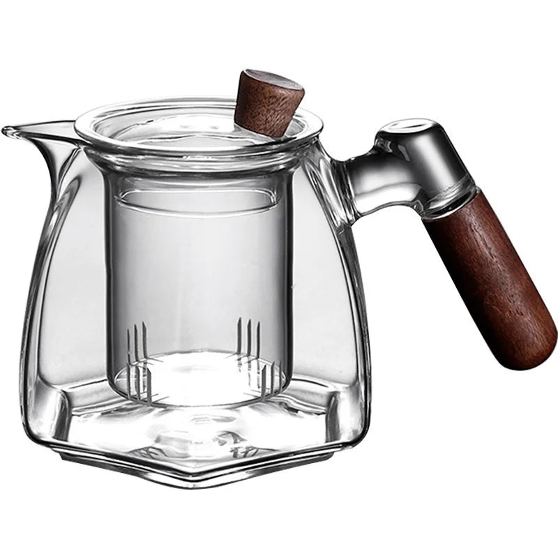 600ml Wooden Handle Hexagonal Glass Teapot with Tea Infsuer  Houshold Brewing Tea Pot Tea Ceremony Tea Maker Teaware