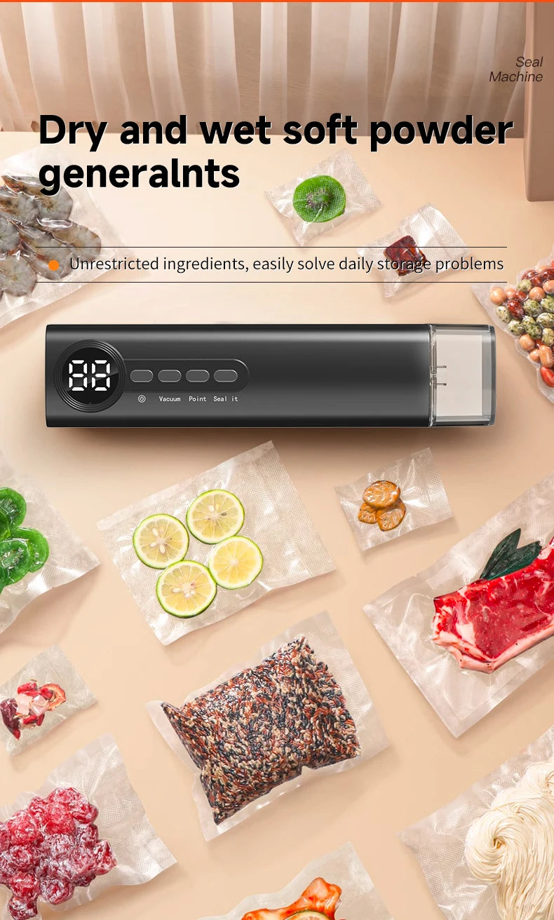 Mini Cordless Vacuum Sealer with Digital Display – Rechargeable Food Bag Vacuum & Heat Sealing Machine for Kitchen Storage