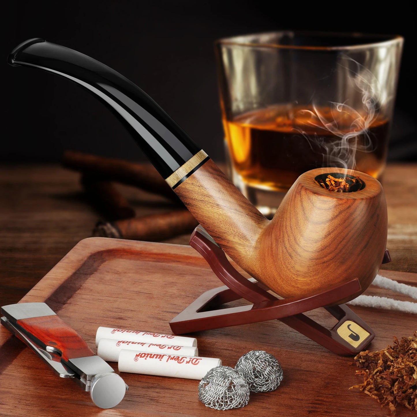 Tobacco Pipe Set Handmade Wooden Pipe with Accessories and Gift Box