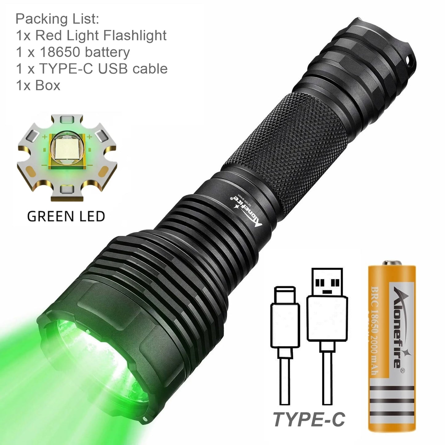 10W Green Light Rechargeable LED Flashlight
