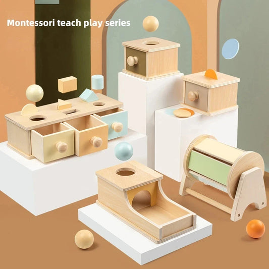 Montessori Coin Ball Box Toy Wooden Object Permanence Box Macaroon Color Spinning Drum Drawer Box Educational Toys