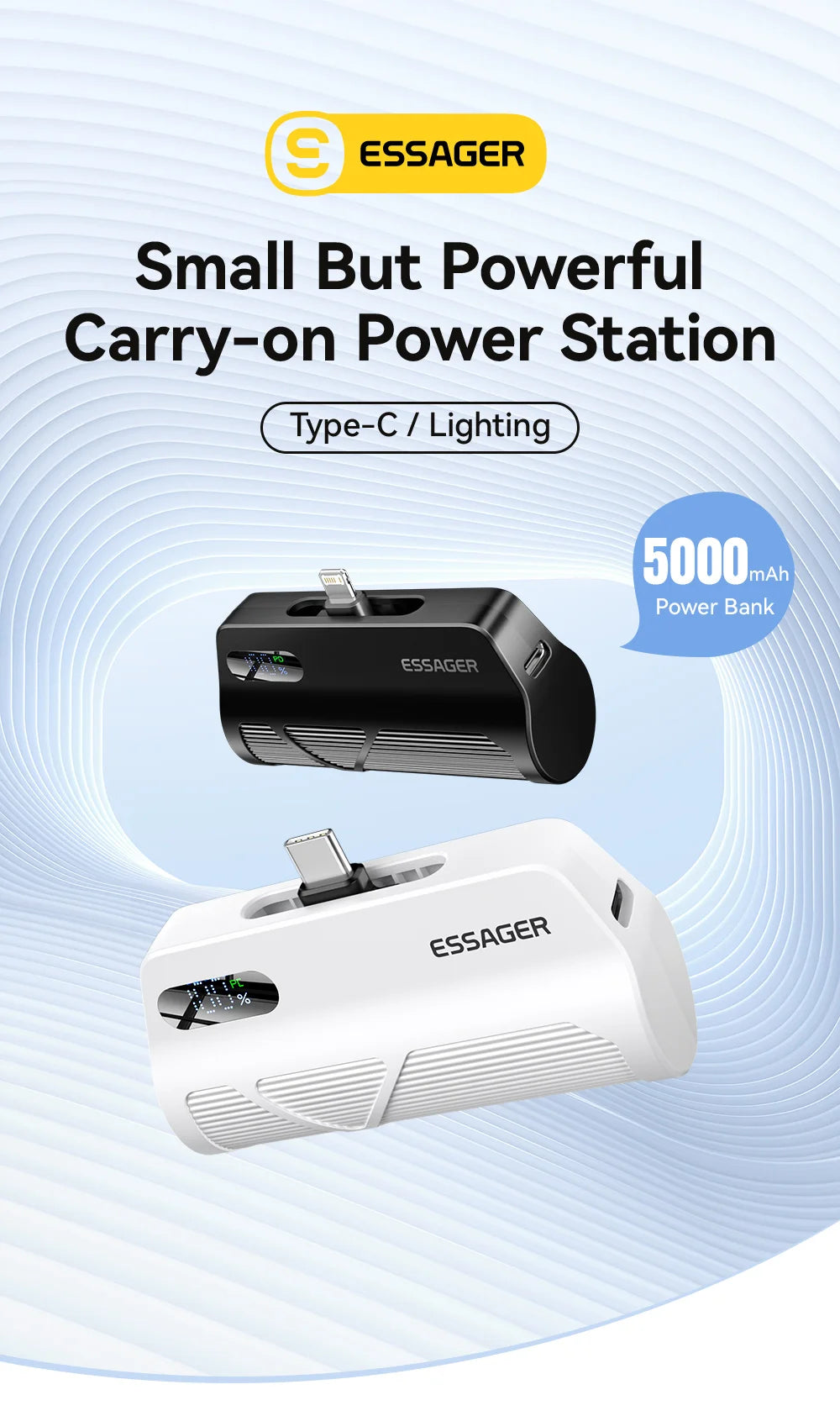 5000mAh Mini Capsule Power Bank 20W PD Fast Charging with Built-in Lightning & USB-C Plug Portable Charger