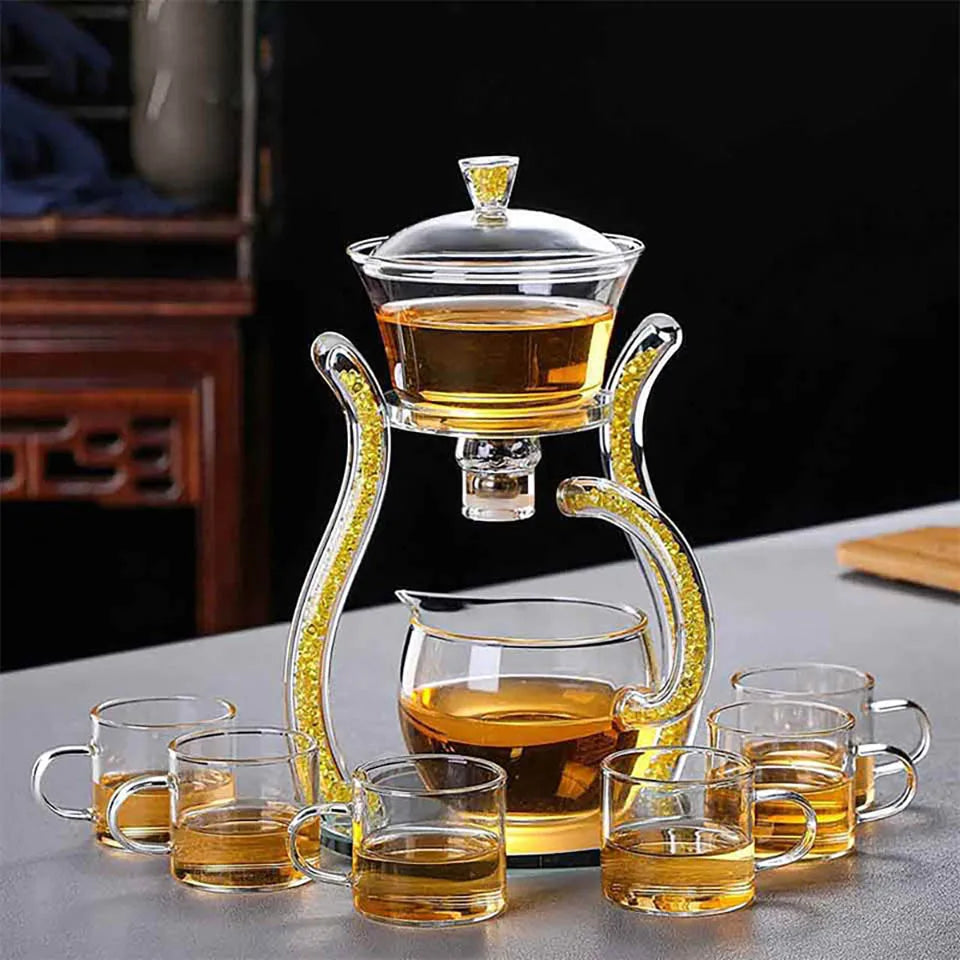 Glass Automatic Lazy Tea Set  Crystal Glass Teapot Set Rotating Cover Kung Fu Heat-Resistant Teapot 6 Cups