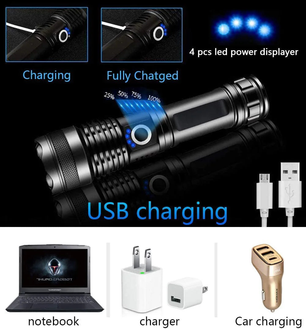 XHP120 LED Flashlight Rechargeable Zoom Tactical Torch with COB Side Light Power Bank Function