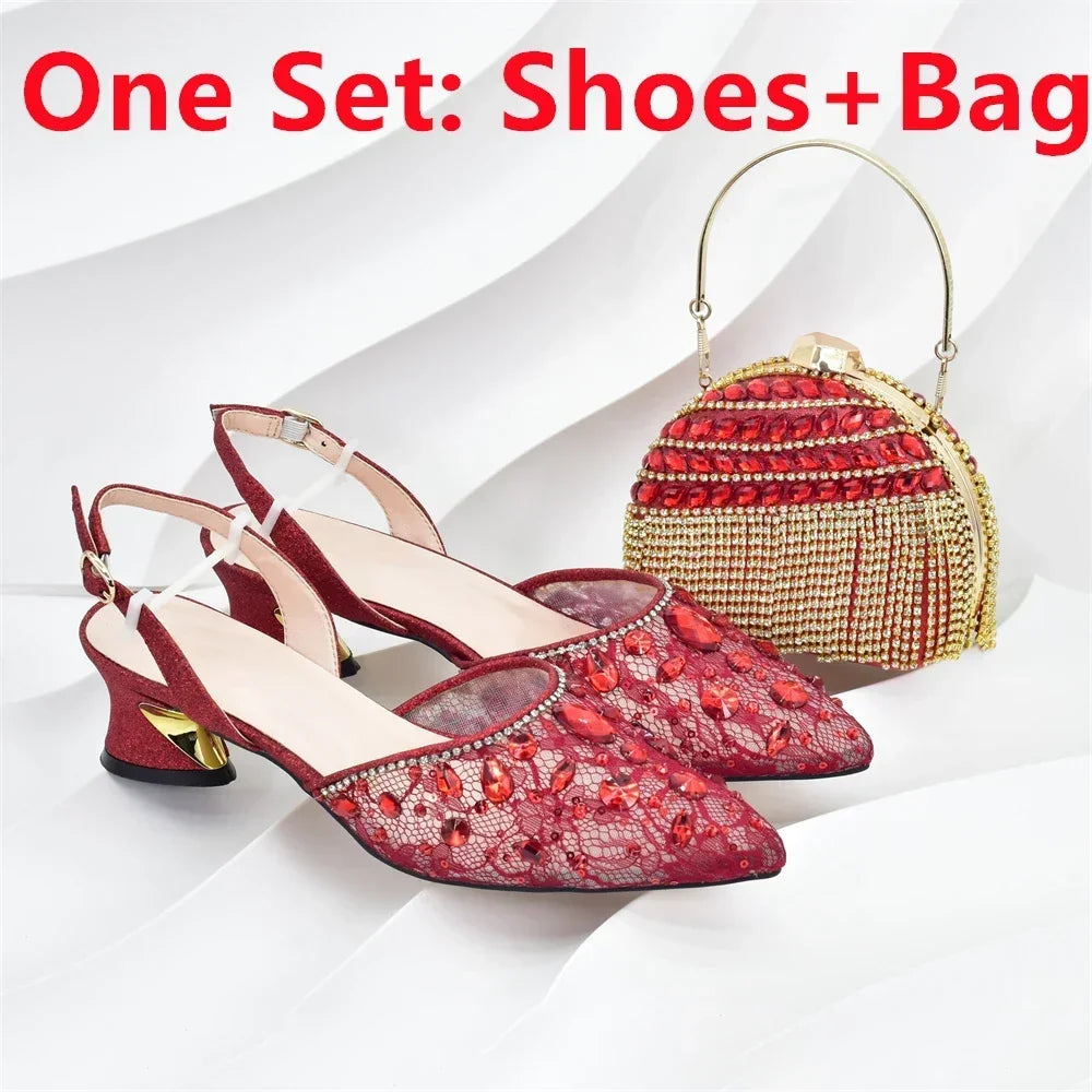 African Wedding Shoes and Bag Set with Rhinestone Italian Design Shoes with Matching Bags Nigerian Lady Party Pumps