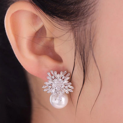 Korea Fashion Round Simulated Pearls Snowflake Drop Earrings