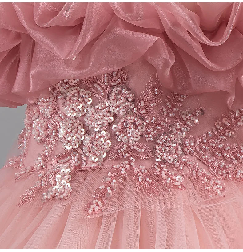 Luxury Off-Shoulder Girls' Dress - Convertible Tulle Ball Gown for Birthday Parties & On-Stage Events