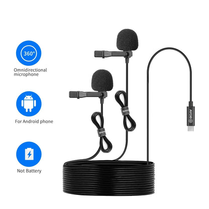 Microphone Dual Head Lavalier Lapel Condensador Microfone Mic with 6 Meters Cable Compatible with Type-C Interface