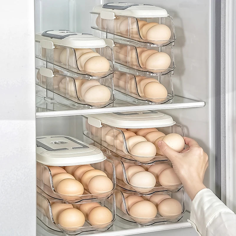 Multi-Layer Automatic Rolling Egg Storage Box – Refrigerator Side Door Egg Tray Rack Organizer