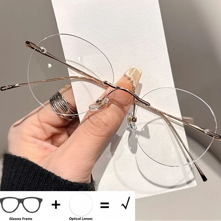 Womens Retro Round Rimless Progressive Multifocal Prescription Glasses