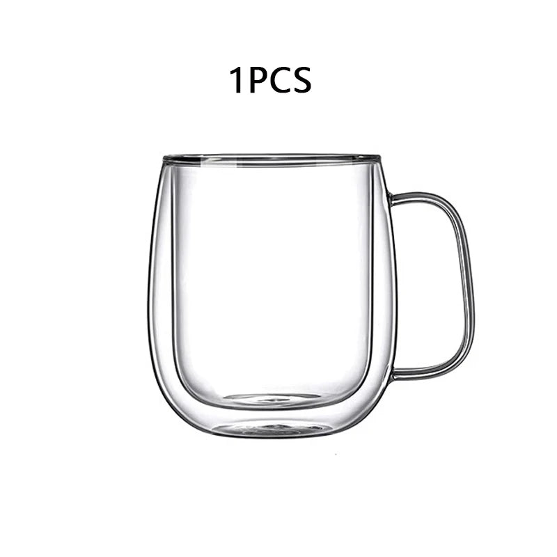 250/400ml Clear Double Wall Glass Cup Home Coffee Milk Mug With Handle Hot Cold Beverage Juice Drinkware Cup Set Of 1/2/4pcs