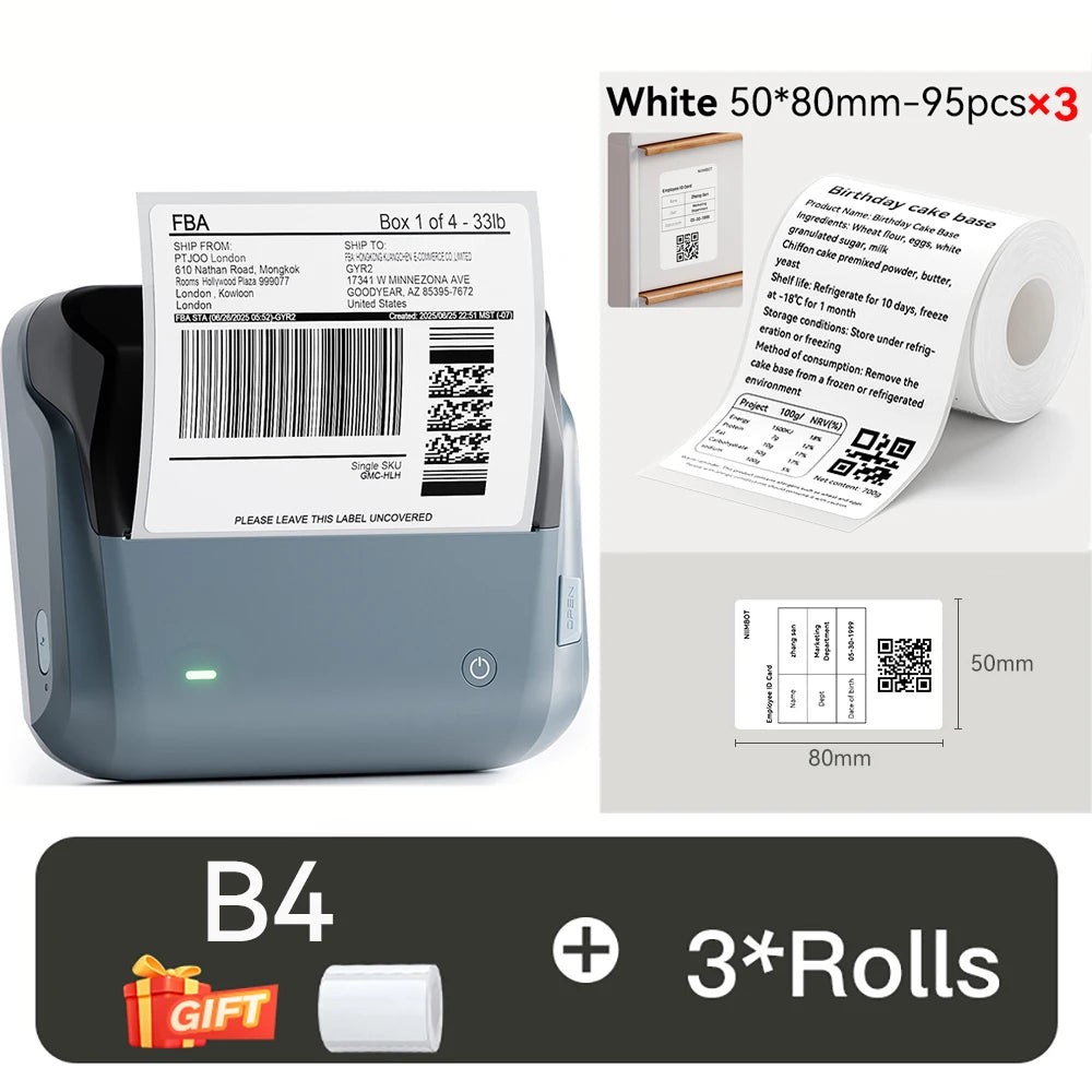 B4 Thermal Label Printer, Wireless Bluetooth Label Maker 20–110mm, Portable Barcode & Shipping Label Printer for Business & Office