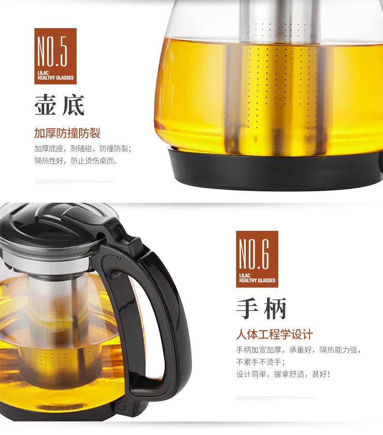 Heat Resistant Glass Teapot with Stainless Steel Strainer Large Capacity Tea Kettle 1.5L