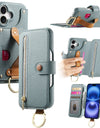 Wallet Flip Case for iPhone 16 15 Pro Max 14 Plus 16Pro 14Pro 15Pro Leather Strap Card Slots Zipper Cover