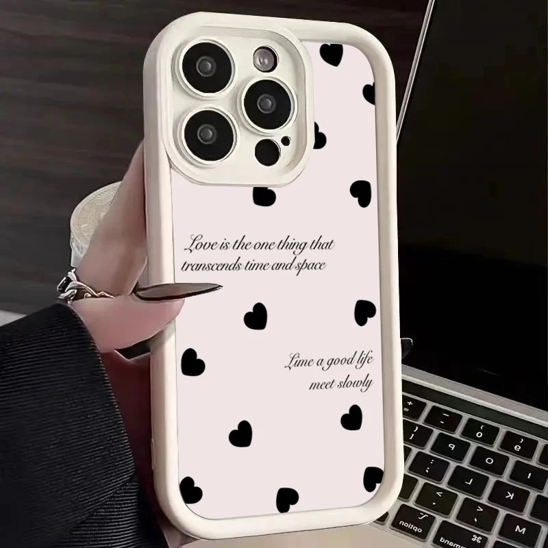 Black Love Heart Soft Matte Phone Case For iPhone 17 Air 14 Pro 16E Plus Cover For iPhone 15 16 17 Pro Max Cases