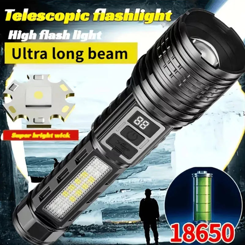 Powerful Rechargeable LED Flashlight With COB Side Light And Zoom