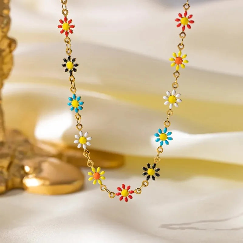 Colorful Daisy Titanium Steel Necklace/Bracelet 18K Gold Plated Waterproof Chain 45 cm