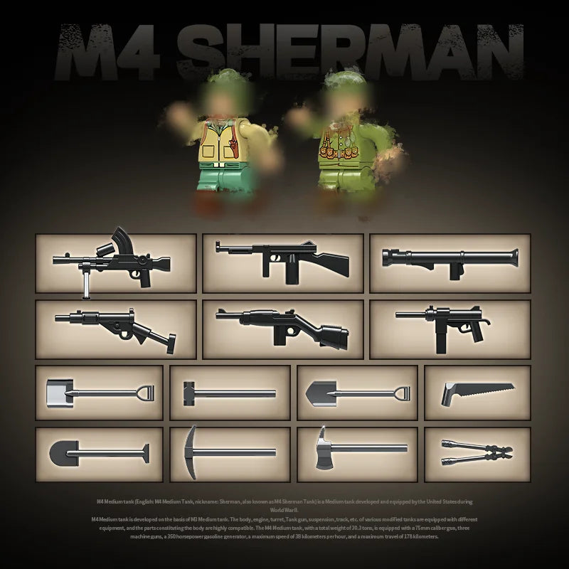 US Army Military World War WW2 M4 Sherman 75 Medium Tank Building Blocks Stuart Tank Bricks Educational Toys for s Gift