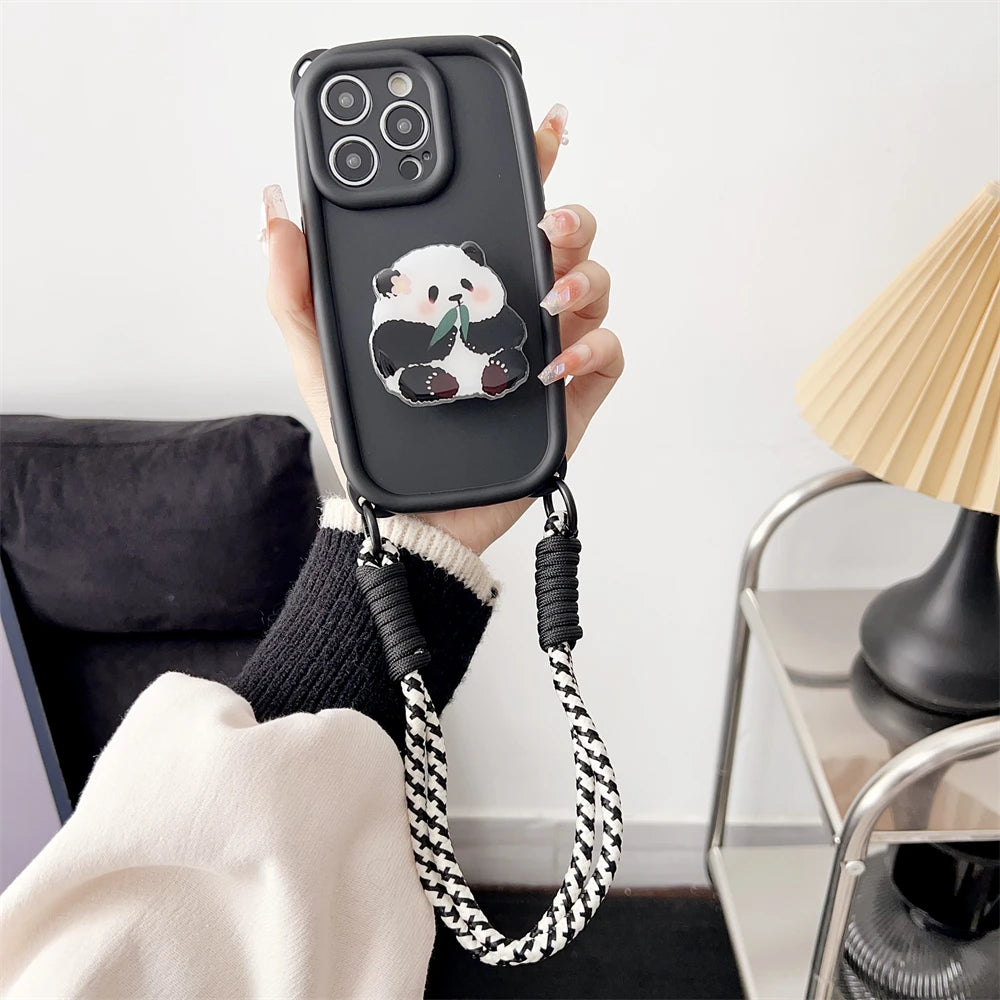 Cute 3D Cartoon Panda Grip Holder Lanyard Phone Case For iPhone 15 14 13 Pro Max Strap Lens Protection Silicon Soft Cover