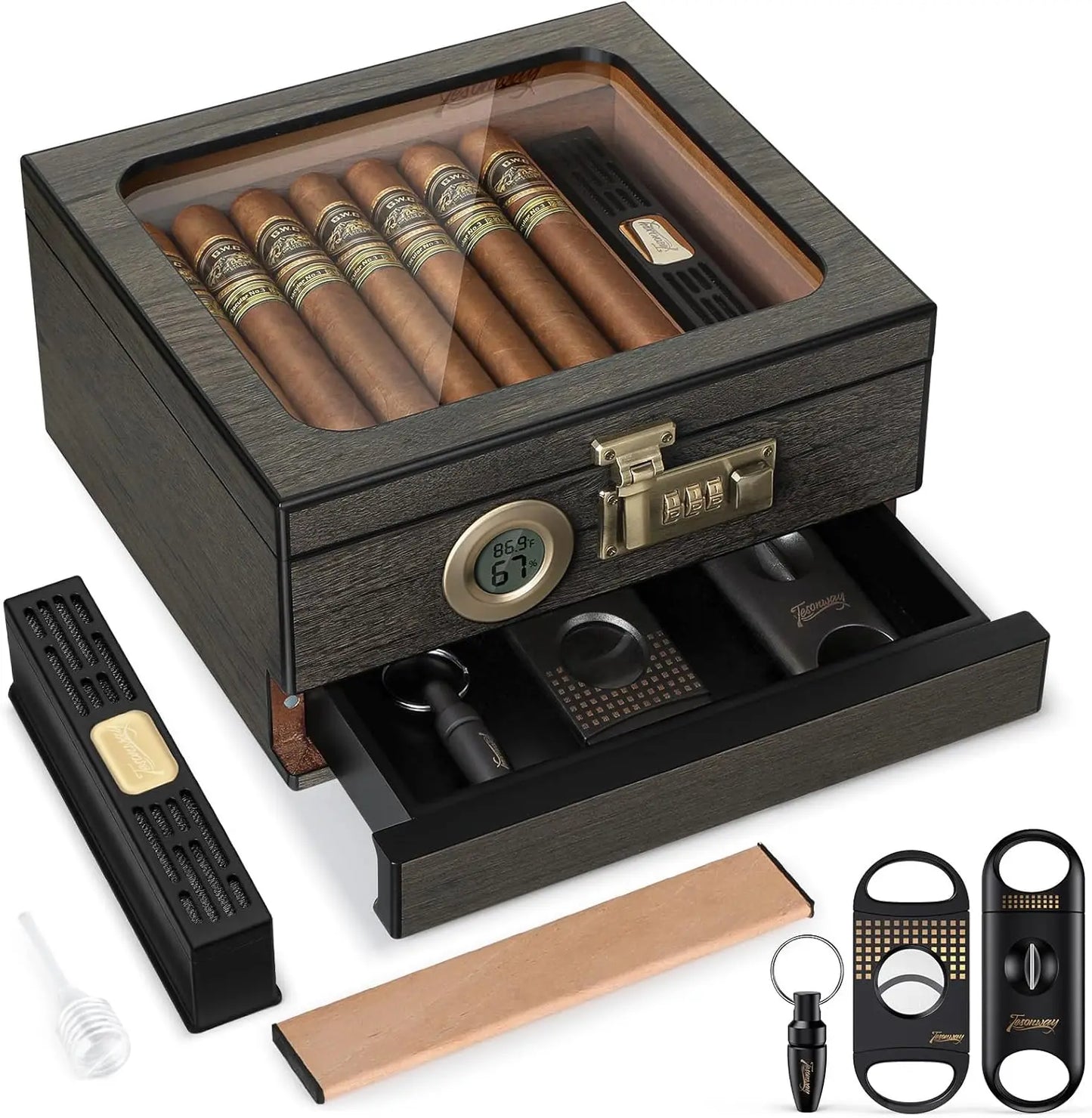 Cigar Humidor Cedar Wood Humidor Cigar Box Glass Top Desktop Humidor with Front Hygrometer Humidifier Divider Accessories Drawer