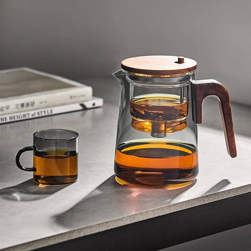 One Click Tea Separation Glass Teapot with Wood Handle