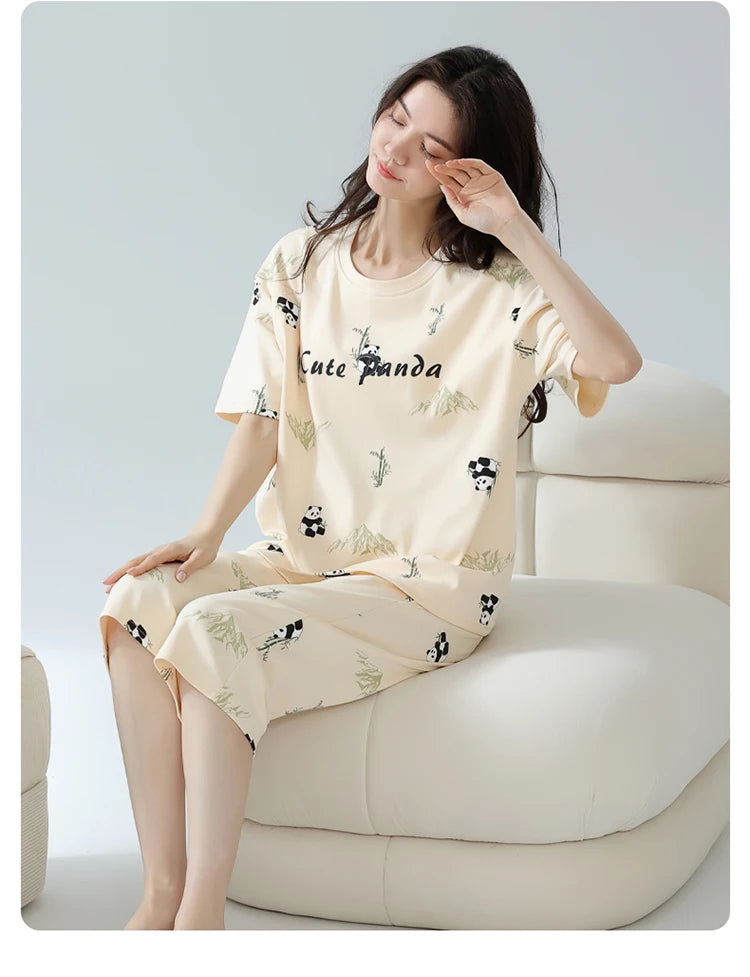 2-Pcs Women’s Cotton Pajama Set – Breathable Short Sleeve Summer Sleepwear with Cute Prints