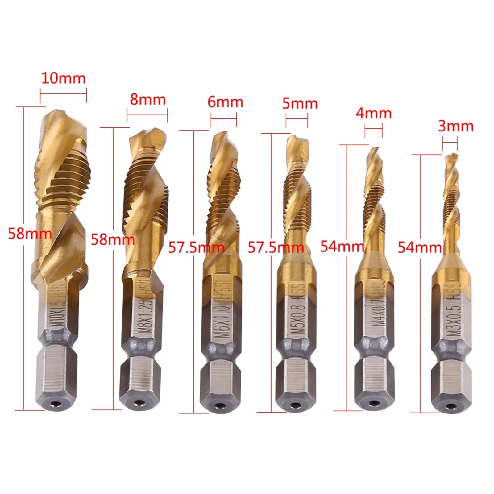 1pcs Hex Shank Titanium Plated HSS Screw Thread Metric Tap Drill Bits Screw Machine Compound Tap M3 M4 M5 M6 M8 M10 Hand Tools
