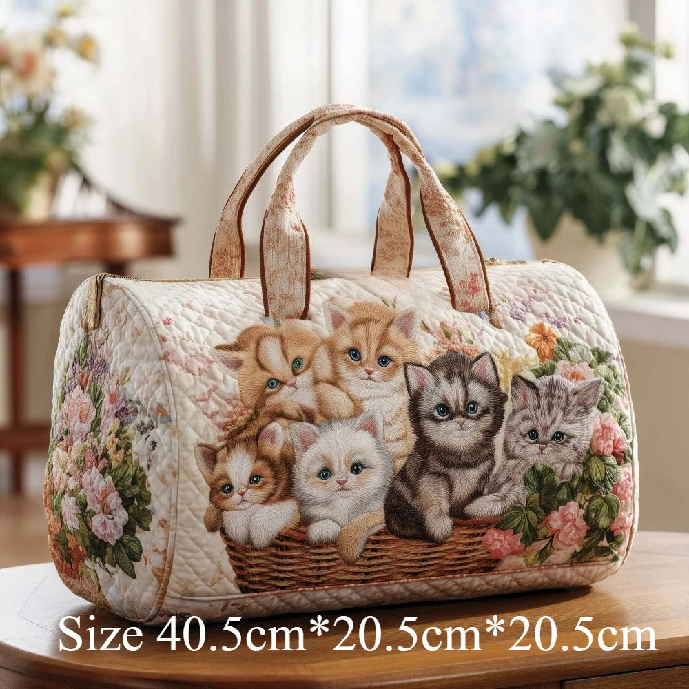 Cute 3D Quilted Cat Tote Bag Halloween Pumpkin Fall Leaves Floral Print Unique Travel Handbag Gift for Cat Lovers Shoulder Purse
