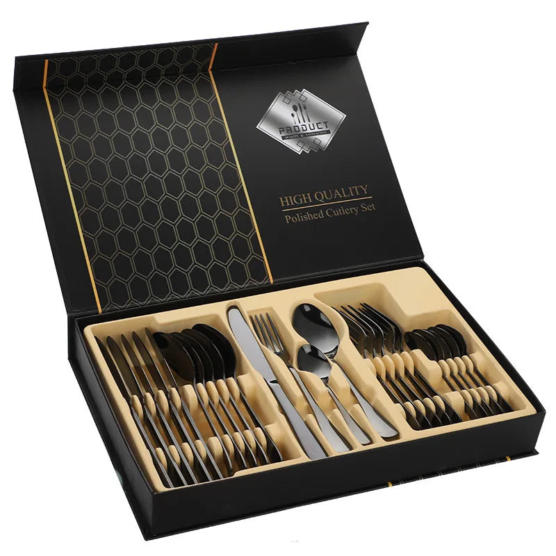 24pcs Golden Tableware Set Light Luxury Stainless Steel Cutlery Fork Knife Spoon Dinnerware Set Minimalist Decor with Gift Box