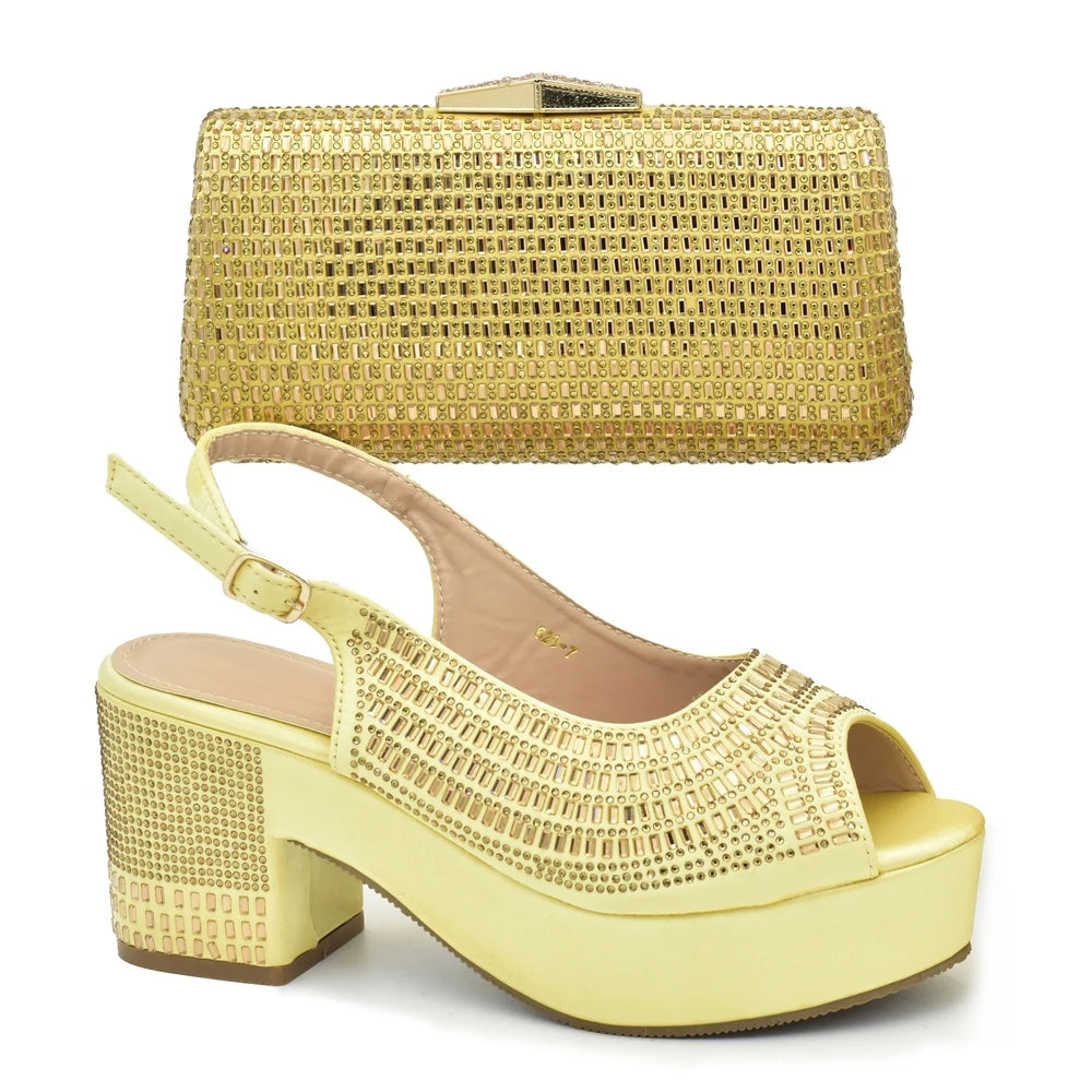 African Women's Evening Shoe for the Wedding Fashion Platform Pump Block Heel Comfortable Party Women Shoes and Bags Set