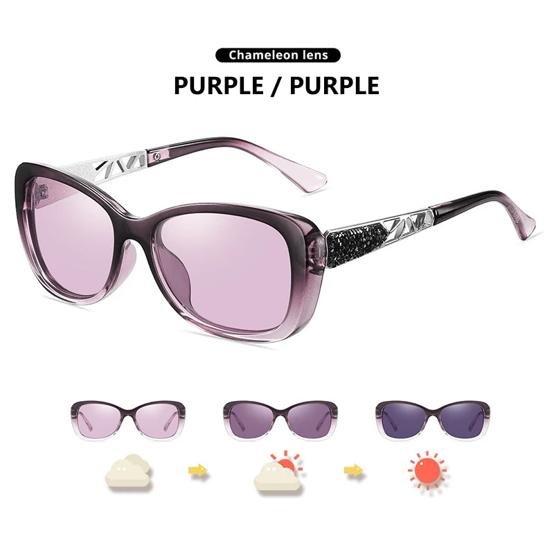 Diamond Frame Photochromic Polarized UV400 Fashion Sunglasses for Women Travel Glasses