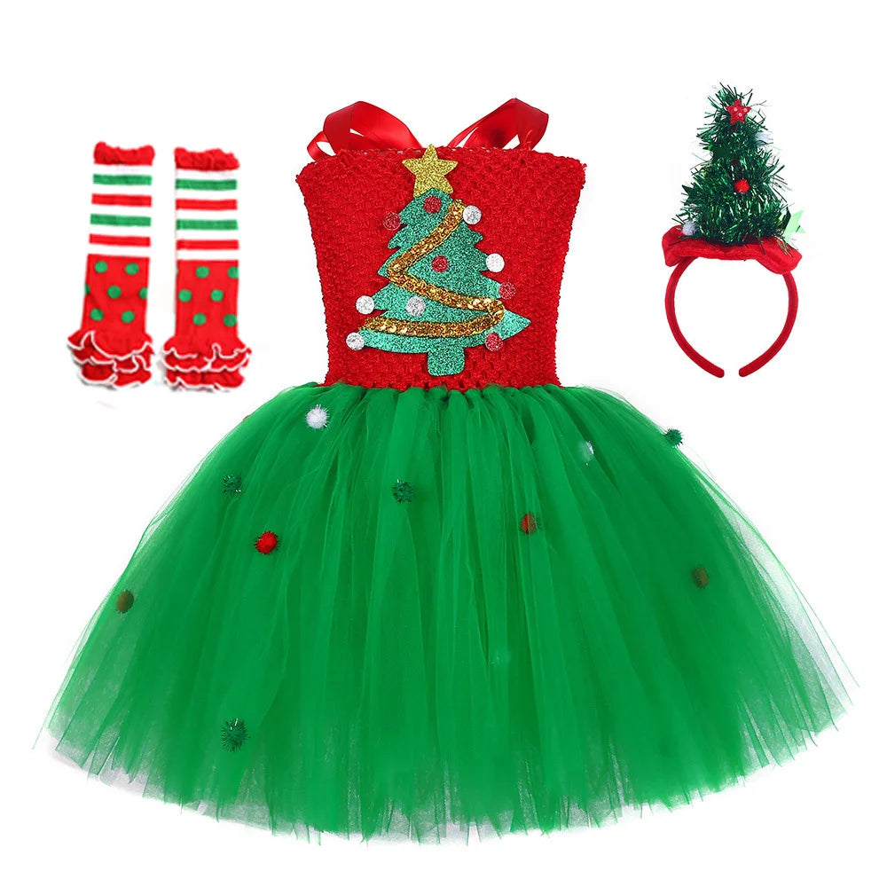 Sparkly Christmas Elf Tutu Dress for Girls Santa Claus Costumes for Kids Birthday Halloween Outfit Children Xmas Holiday Clothes