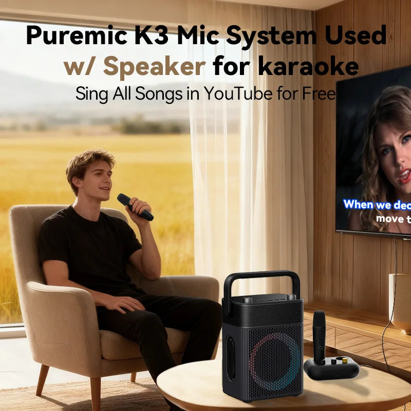 Puremic K3 Karaoke Machine with Dual Wireless Microphones, Rechargeable Dock, HDMI & AUX Support, Unlimited Songs Streaming System