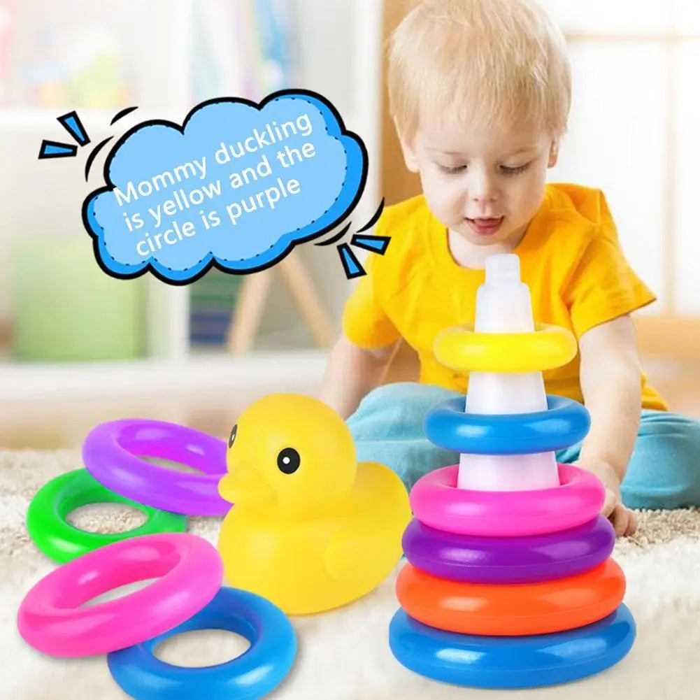 Children's Little Yellow Duck Rainbow Tower Stacking Circle Baby Early Childhood Education Puzzle Ring Montessoris Toy Kids