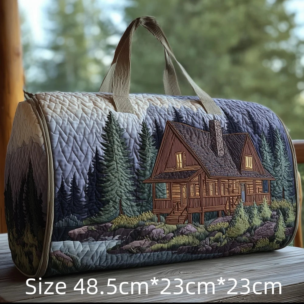 3D Print Quilted Duffle Bag Mountain Forest Lake Cabin Scenery Weekend Gym Overnight Bags Carryall Handbag Travel Camping Hiking