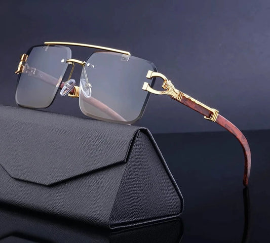 Rimless Sunglasses Vintage Sunglasses Women Luxury Fashion Glasses Square Wood Grain Shades