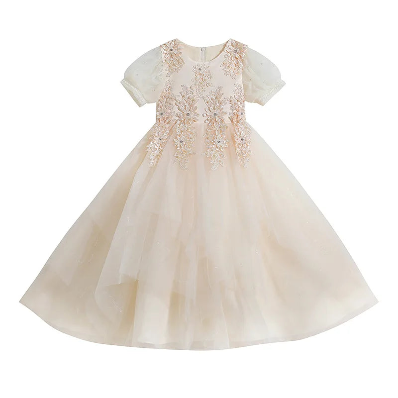 Girls Princess Ball Gown - Fluffy Tulle Party Dress for Flower Girl/Birthday/Pageant | Sparkly Puffy Sleeve Wedding Dress